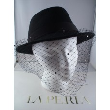 NWT NIB La Perla Mujer&apos;s Black Wool Crystal Veiled Fedora Hat sz M $470  eb-98390654